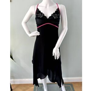 Vintage Victoria's Secret Black Slip Dress with Pink Trim & Lace Detail size 8
